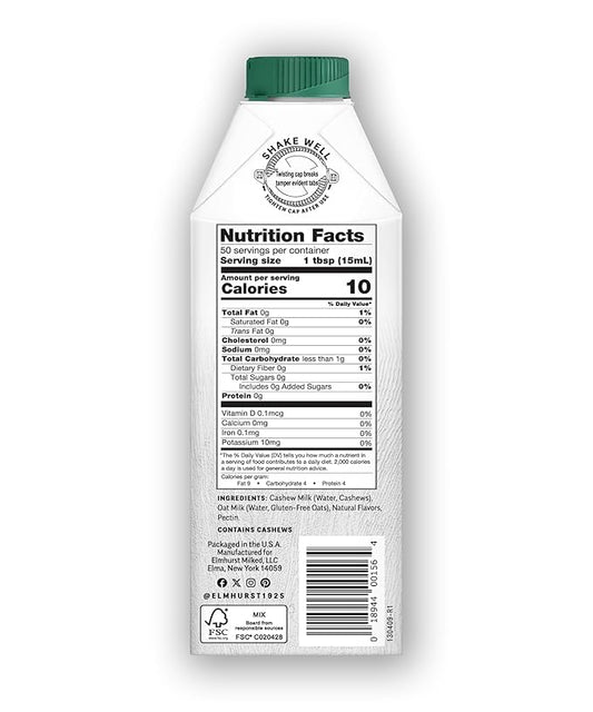 Elmhurst 1925 Unsweetened Cashew Creamer - Dairy-Free, Vegan, Kosher, No Sugar, Shelf Stable Creamer Made with Cashew & Oat Milk for Healthier Coffee, Latte and Smoothies - 25.4 Ounce (Pack of 6)