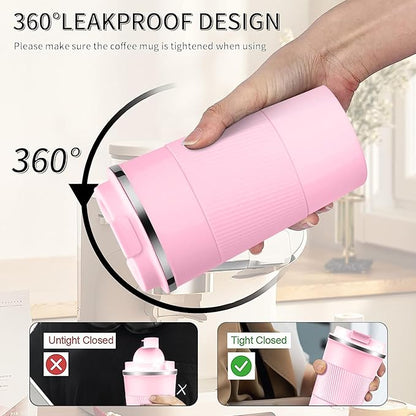 YINBAOGE Insulated Travel Coffee Mug Spill Proof Leak Proof Pobtable To Go Camping Stainless Steel Coffee Tumbler Reusable Coffee Cups with Lids Thermos for Hot and Cold Drink (Pink, 12 OZ)