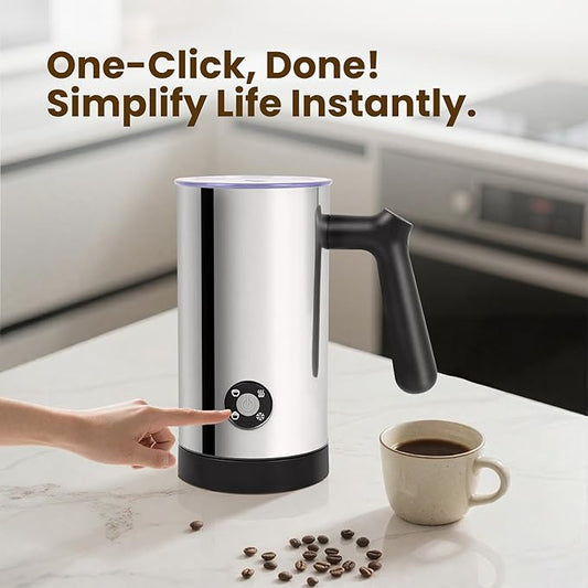 Milk Frother, 4-in-1 Milk Frother and Steamer, 10.6oz Electric Milk Steamer, Automatic Cold and Hot Foam maker for Lattes, Cappuccinos, Non-stick Coating Interior (Polished)