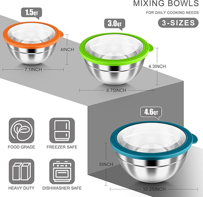 HaWare Mixing Bowls with Airtight Clear Lids, 6-Piece Stainless Steel Strong Nesting Bowls Set, Metal Salad Bowl for Cooking, Prepping, Baking, Serving & Food Storage, Size 4.6, 3, 1.5QT, Colorful