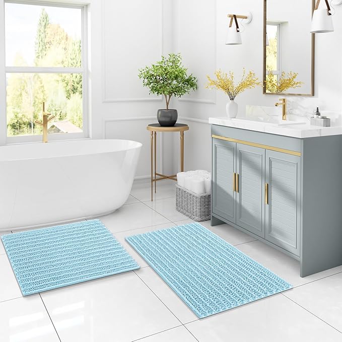Arotive Luxury Chenille Bathroom Rug Mat, Extra Soft Thick Absorbent Shaggy Bath Rugs, Non-Slip Machine Wash Dry, Plush Bath Mats for Bathroom, Shower and Tub, 47x24, Blue