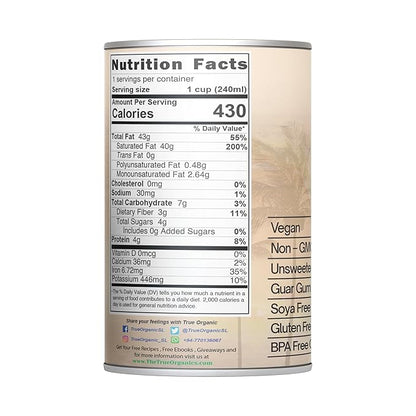 True Organic Unsweetened Coconut Milk 13.5 Fl oz - No Guar Gum, Gluten-Free, Vegan and Kosher - 18% Coconut Milk Fat (12-Pack)