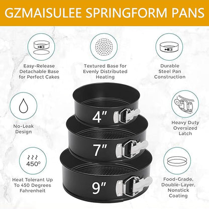 Springform Cake Pan Set of 3 (4, 7, 9 Inch) Round Leakproof Nonstick Cheesecake Pans with Removable Bottom Carbon Steel Bakeware
