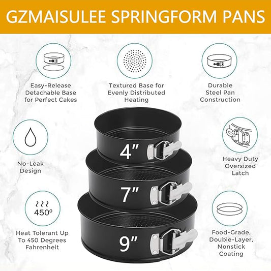 Springform Cake Pan Set of 3 (4, 7, 9 Inch) Round Leakproof Nonstick Cheesecake Pans with Removable Bottom Carbon Steel Bakeware