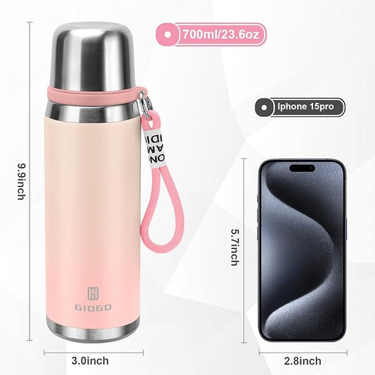 Stainless Steel thermo Bottles with cup 700ml/23.7oz Vacuum Insulated Bottle for hot and cold coffee drink water thermo flask with cup.(Gradient Pink,700ml)