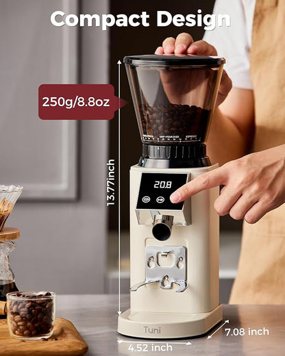 Tuni G1 Conical Burr Coffee Grinder, 48 Grind Settings Anti-static Burr Mill, Precision Electronic Timer and LED Touchscreen for Espresso/Drip/Cold Brew/French Press, Stainless Steel, Ivory