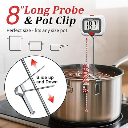 BOMATA Candy Thermometer with Pot Clip, Instant Read Cooking Thermometer with 8" Long Probe, Rotating Display, for Candy Making, Food, Candle Making, Liquids, Water, Baking, Sugar, Grilling. White