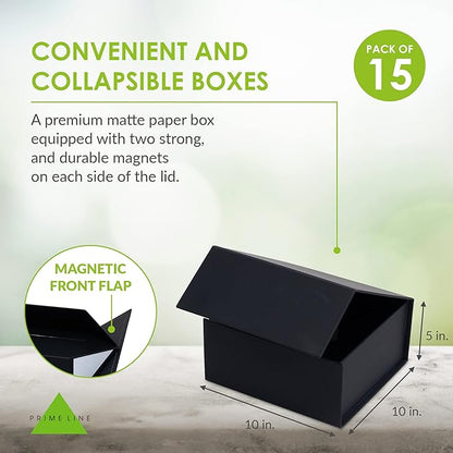 Prime Line Packaging Christmas Gift Boxes with Lids, Holiday Gift Boxes for Presents, Medium Black Gift Box, Collapsible for Wrapping, Birthdays, Weddings, Bulk, 10x10x5, 15 Pack