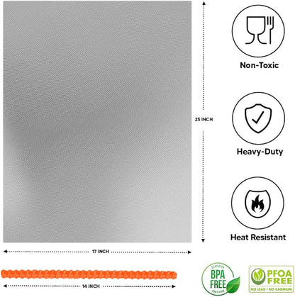 Oven Liners for Bottom of Oven Silver (2-pack) Bundled with Rack Shield (2-pack) - Large Mat for Bottom of Stove (17"x 25") and 14" Orange Range Guards for Racks - Reusable & Heat Resistant