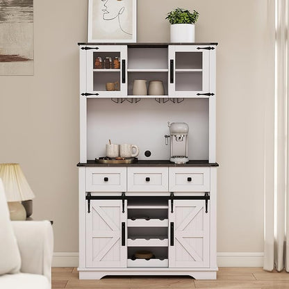 Coffee Bar Cabinet with Sliding Barn Doors 71'' Farmhouse White Pantry Cabinet with Drawers & Wine Glass Rack Rustic Buffet Cabinet for Kitchen, Black