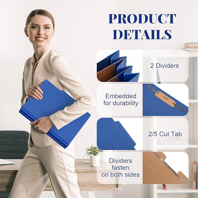 60 Pcs Classification Folders Letter Size, 2 Divider Pressboard File Folders with 3. 5 Inch Expansion, 2 Prongs Fastener, Heavy Duty Office File Organizers for Teachers, Medical (Dark Blue)