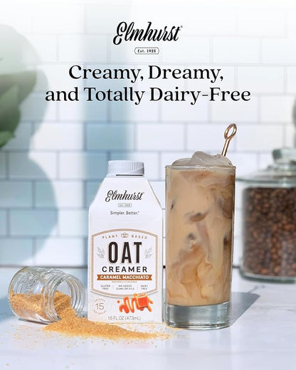 Elmhurst 1925 Caramel Macchiato Oat Creamer - 16 Ounce (Pack of 6) Dairy-Free, Vegan, Kosher, Low Sugar, Shelf Stable Creamer Made with Oat Grains & Caramel for Simpler Plant Based Alternatives