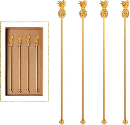 Pineapple Drink Stirrer Sticks Stainless Steel Coffee Beverage Stirrers，Set of 4 Cocktail Swizzle Stick,7.28", Gold
