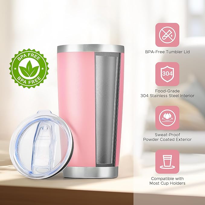 OMTech 20oz Tumblers Bulk, 6pc Stainless Steel Tumbler Set with Lid & Straw, Double Wall Vacuum Insulated Mug for Laser Engraver, Travel Coffee Mug for Hot & Cold Drinks, Pink Powder Coated Cup