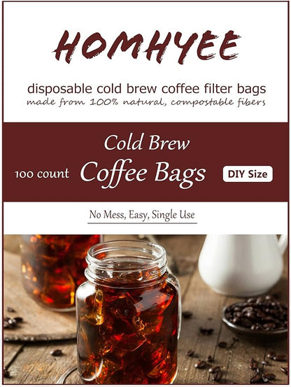 No Mess Cold Brew Coffee Filters - 100 Count Disposable Fine Mesh Brewing Bags for Concentrate/Iced Coffee Maker, French/Cold Press Kit, Hot Tea in Mason Jar or Pitcher, 4 x 6 Inches