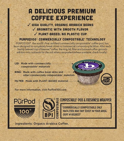 beaniac Organic Full On French Roast, Dark Roast, Single Serve Compostable K Cup Coffee Pods, Organic Arabica Coffee, Keurig Brewer Compatible, 72 Count