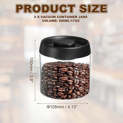 uxcell 2pcs Coffee Vacuum Container, 500ml/17oz Glass Coffee Bean Storage Container with Lids for Spices Biscuits Loose Leaf Tea, Black