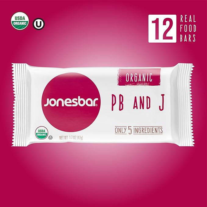 JONESBAR Organic Plant Based Protein Bars | Peanut Butter and Jelly | Fruit & Nut Bar, Kosher, Gluten Free, Breakfast Bars, School Snacks, Vegan Snack & Healthy Snacks for Adults and Kids (Pack of 12)