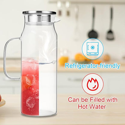 2 Pack 2L/68 oz Glass Pitcher with Lid and Handle,Square Water Pitchers for Fridge, Leak-Proof Spout,Large Ice Tea Jug for Hot/Cold Drinks, Ideal for Cold Brew, Juice, Iced Tea