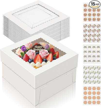 15 PCS Cake Boxes 8 Inch, 8x8x5 Inch Cake Box, 8 Inch Cake Box with Window, White Bakery Boxes, Large Baking Boxes, Cajas Para Pasteles, 8x8 Cake Boxes for Birthday, Wedding, Party, Business