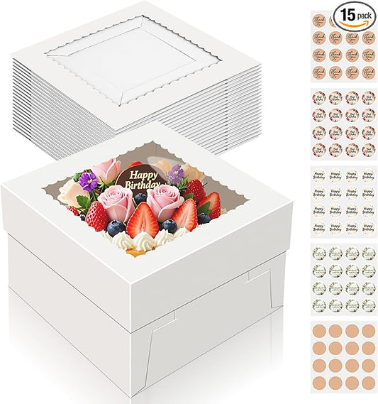 15 PCS Cake Boxes 8 Inch, 8x8x5 Inch Cake Box, 8 Inch Cake Box with Window, White Bakery Boxes, Large Baking Boxes, Cajas Para Pasteles, 8x8 Cake Boxes for Birthday, Wedding, Party, Business