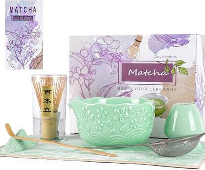 Matcha Whisk Set, Matcha Set 7 Pieces - Ceramic Matcha Bowl with Spout, Bamboo Chasen Whisk & Holder, Scoop, Sifter, Tea Towel - Complete Kit for Matcha Tea Ceremony, Latte, Ideal Gift(Green)