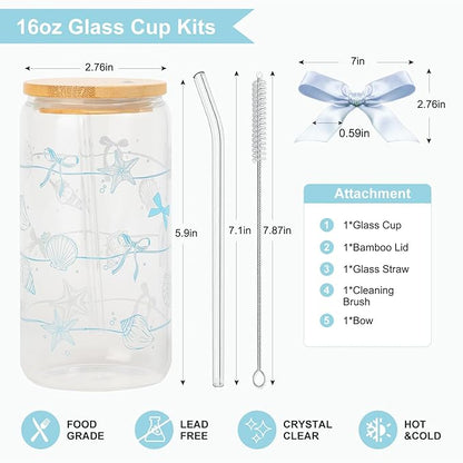 Ocean Animals Glass Cup with Lid and Straw, 16oz Iced Coffee Cup Tumbler Beach Gifts for Women Girls Conch Anniversary Birthday Mom Wife Sister Friends Colleagues