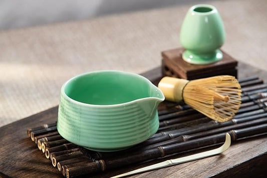 Traditional Matcha Tea Ceremony Tools, 4 Pcs Bamboo Matcha Whisk Set and Matcha Bowl with Spout and Whisk for Ceremony, Gift-Ready Presentation