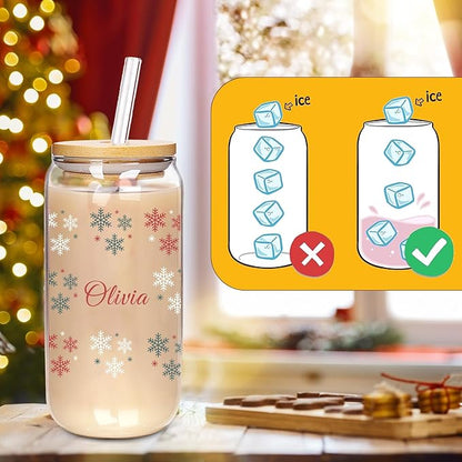 Mason Life Personalised Christmas Cup, 18oz Clear Glass Cups with Lids and Straws，Cute Cups for Women，Snowflake Design, Drinking Cup with Bamboo Lids, Christmas Gifts for Men, Women and Friends