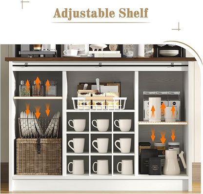 4 EVER WINNER Farmhouse Coffee Bar with 3-Tier Storage, 67” Coffee Bar Cabinet with Sliding Barn Doors, Hutch Cabinet with Storage & 9 Wine Racks, White