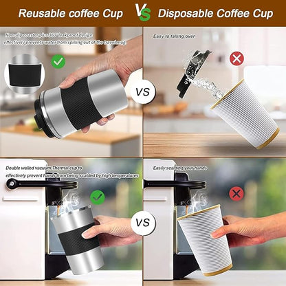 YINBAOGE Insulated Travel Coffee Mug Spill Proof Leak Proof Pobtable To Go Camping Stainless Steel Coffee Tumbler Reusable Coffee Cups with Lids Thermos for Hot and Cold Drink (Silver black, 12 OZ)