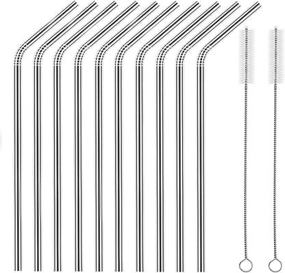 Set of 10 Stainless Steel Straws, HuaQi Bent Reusable Drinking Straws 10.5'' Long 0.24‘’ Dia for 30 oz Tumbler and 20 oz Tumbler, 2 Cleaning Brush Included (10 Bent Staw + 2 Brushes）
