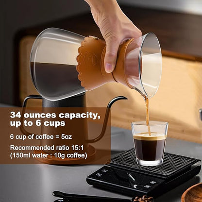 34oz Pour Over Coffee Maker with Double Layer Stainless Steel Filter, Borosilicate Glass Dripper, Detachable Heat-Resistant Leather Pad 7-8 Cups Coffee Maker Carafe（Light brown）
