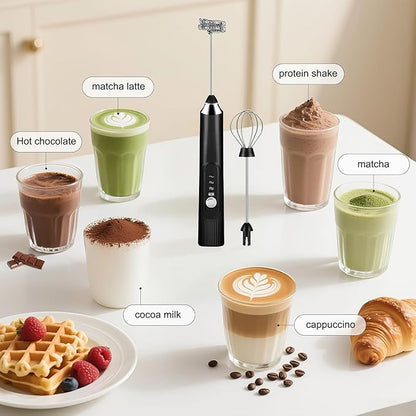 BEoffer Milk Frother Handheld Rechargeable 2000mAH Power Frother Wand Electric Foam Maker with 2 Stainless Whisks 3 Speeds Drink Mixer Coffee Frother for Latte, Cappuccino, Matcha, Hot Chocolate, Egg