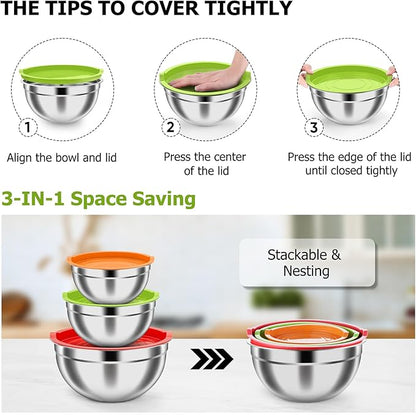 TeamFar Mixing Bowls, Stainless Steel Nesting Salad Bowls with Airtight Lids Set, For Serving/Mixing/Storing, Healthy & Long-lasting, Dishwasher Safe & Easy Clean, 4.6/3 / 1.5 QT, Colorful