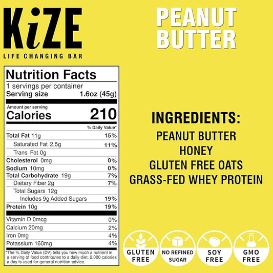 KiZE Energy Bars - Peanut Butter Lovers Variety Pack - Gluten Free, Dairy Free Options, Non-GMO, and High Protein Meal Replacement Energy Bars, Clean and Simple Food Ingredients - 7-10g High Protein Snacks, (10 Count)