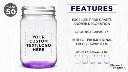 DISCOUNT PROMOS Custom Decorating Mason Jars 12 oz. Set of 50, Personalized Bulk Pack - Glass Jars for Overnight Oats, Candies, Fruits, Pickles, Spices, Beverages - Purple
