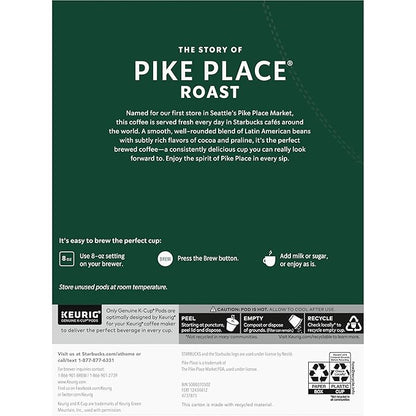 Starbucks K-Cup Coffee Pods, Medium Roast Coffee, Pike Place Roast for Keurig Brewers, 100% Arabica, 4 boxes (96 pods total)