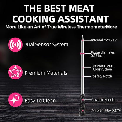 Amsau Wireless Smart Meat Thermometer with Bluetooth | Long Range | Measures Internal & Ambient Temp | for BBQ, Oven, Grill, Kitchen, Smoker, Rotisserie (Black)