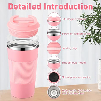 Sabary 4 Pack 16 oz Bulk Travel Coffee Mug with Lid Reusable Vacuum Insulated Coffee Tumbler Double Wall Thermal Stainless Steel Camping Tea Cup for Christmas Winter Drinks Employee Gift(Pink)