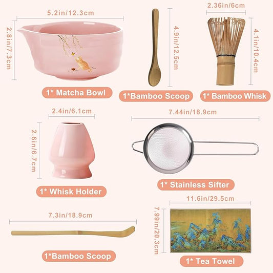 Matcha Whisk Set, 7PCS Matcha Set Includes Ceramic Matcha Set Includes Matcha Bowl, Matcha Whisk and Holder, Bamboo Scoop, Scoop Rest, Sifter and Tea Towel, Gift Bag (Pink)