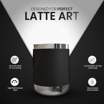 Rattleware 20 Oz Handle Free Latte Art Pitcher Stainless Steel with Rubber Grip Durable Heat Resistant Milk Frothing Pitcher for Baristas Home Cafes and Coffee Shops