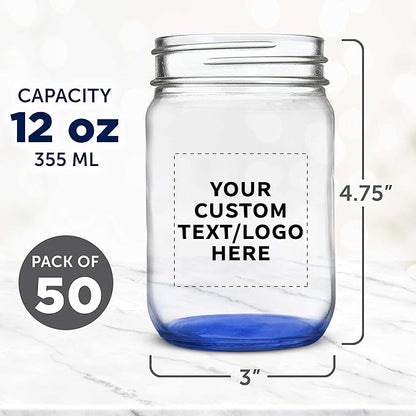 DISCOUNT PROMOS Custom Decorating Mason Jars 12 oz. Set of 50, Personalized Bulk Pack - Glass Jars for Overnight Oats, Candies, Fruits, Pickles, Spices, Beverages - Blue