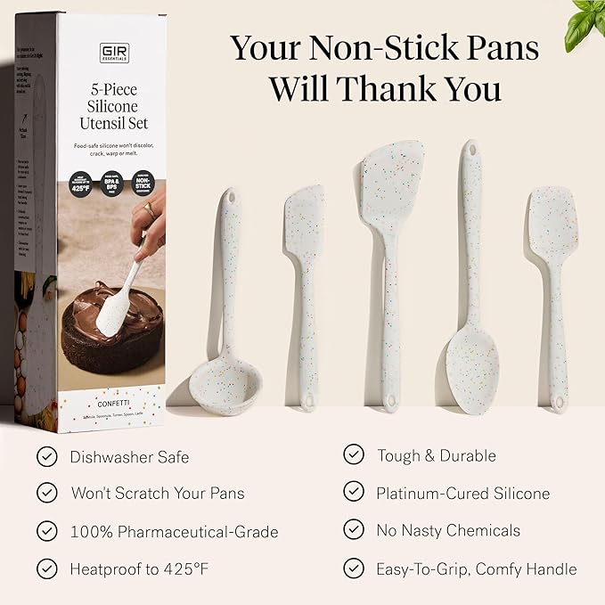 GIR: Get It Right 5-Piece All-Purpose Cooking Utensil Set - 11 in Party Confetti Color - Pharmaceutical-Grade Silicone Utensils - Heat-Resistant 425°F & Dishwasher-Friendly