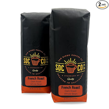 San Diego Coffee French Roast, Dark Roast, Whole Bean Coffee, 16-Ounce Bags (Pack of 2) Café en grano tostado