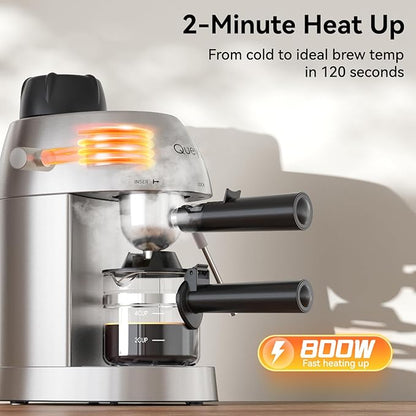 Queyd 3.5 Bar Espresso Machine,4-Cup Stainless Steel Coffee Maker with Steam Milk Frother, Compact Design Coffee Machine with Removable Drip Tray for Latte and Cappuccino, Silver