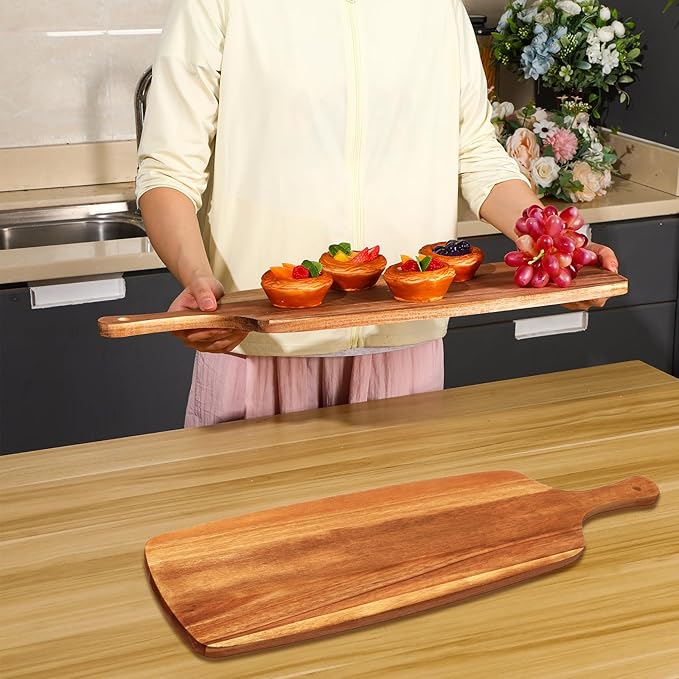Kathfly 3 Pcs Acacia Wood Cutting Board with Handle Wooden Laser Kitchen Serving Charcuterie Board for Vegetables Meat Pizza Cheese Fruit Bread(24 x 7 Inch)