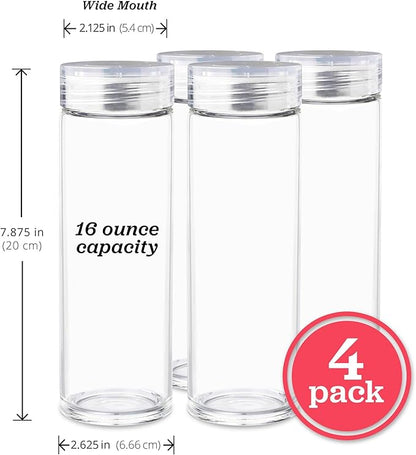 Glass Water Bottles - 4 Pack Wide Mouth Juice Bottles with Clear Lids for Juicing, Smoothies, Fruit Water, Teas, Beverage Storage - 16oz, Leakproof, Reusable, Borosilicate