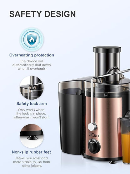 QCen Juicer Machine, 500W Centrifugal Juicer Extractor with Wide Mouth 3” Feed Chute for Fruit Vegetable, Easy to Clean, Stainless Steel, BPA-free (Rose Gold)