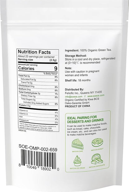 Soeos Organic Matcha Powder, Matcha Green Tea Powder, 2 oz (57g), Antioxidant-Rich Japanese Matcha for Lattes, Smoothies and Baking, Recyclable Bags